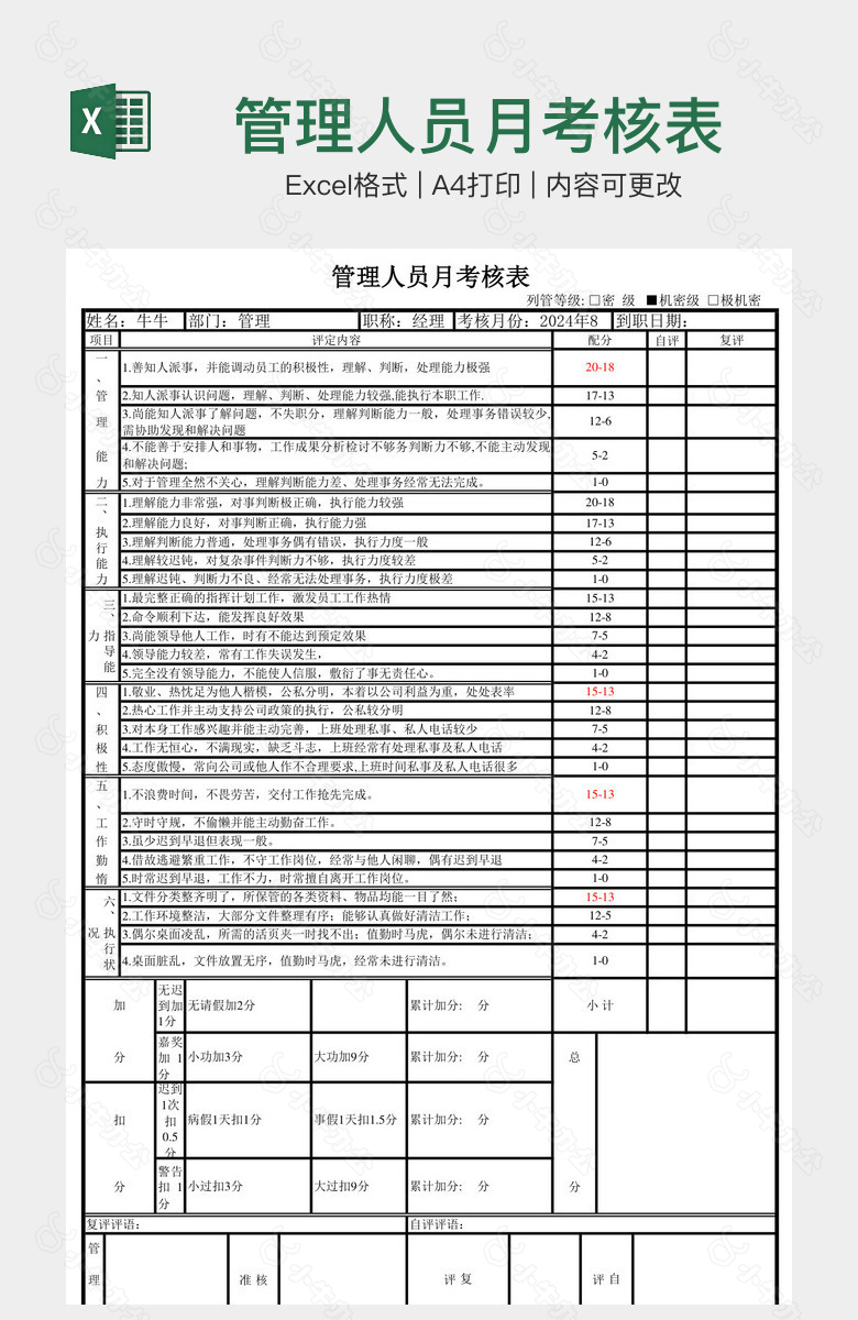 管理人员月考核表