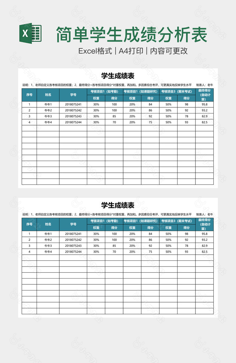 简单学生成绩分析表