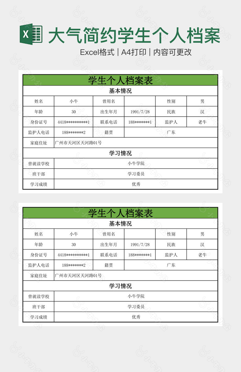 大气简约学生个人档案表格