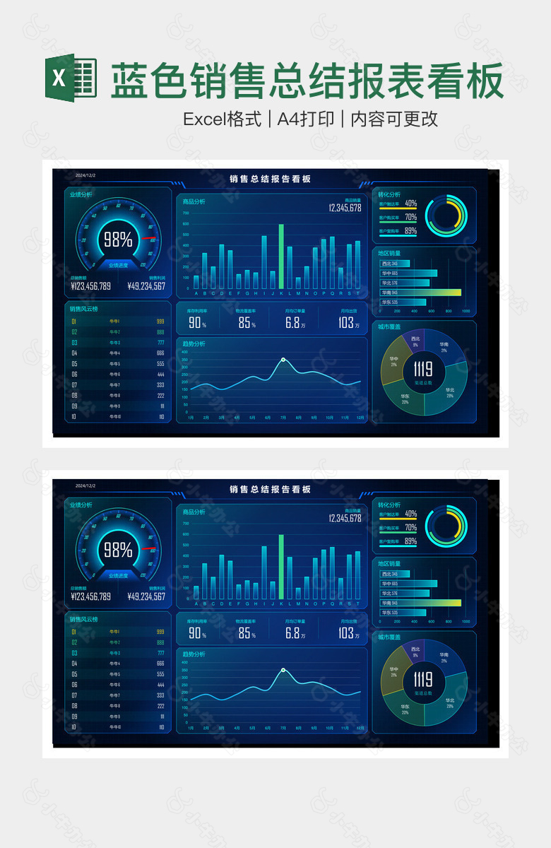 蓝色销售总结报表看板