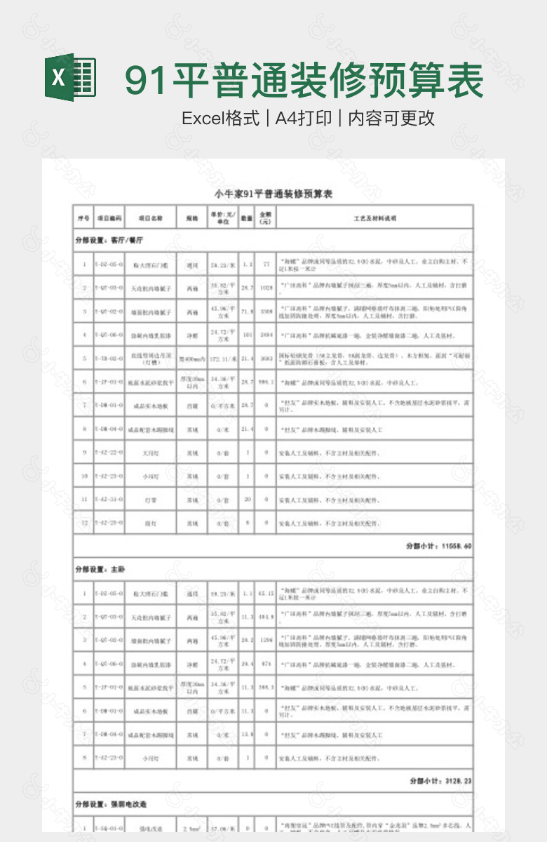 91平普通装修预算表