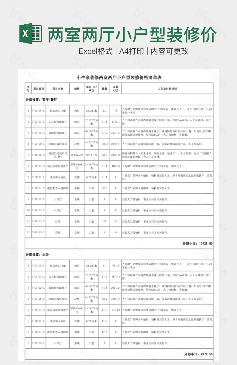 两室两厅小户型装修价格表