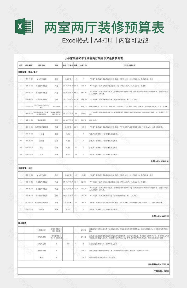 两室两厅装修预算表