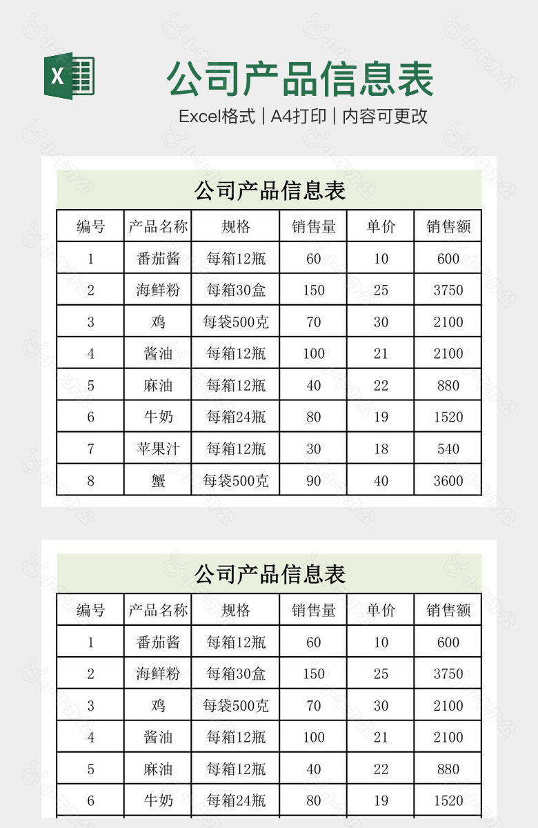 公司产品信息表