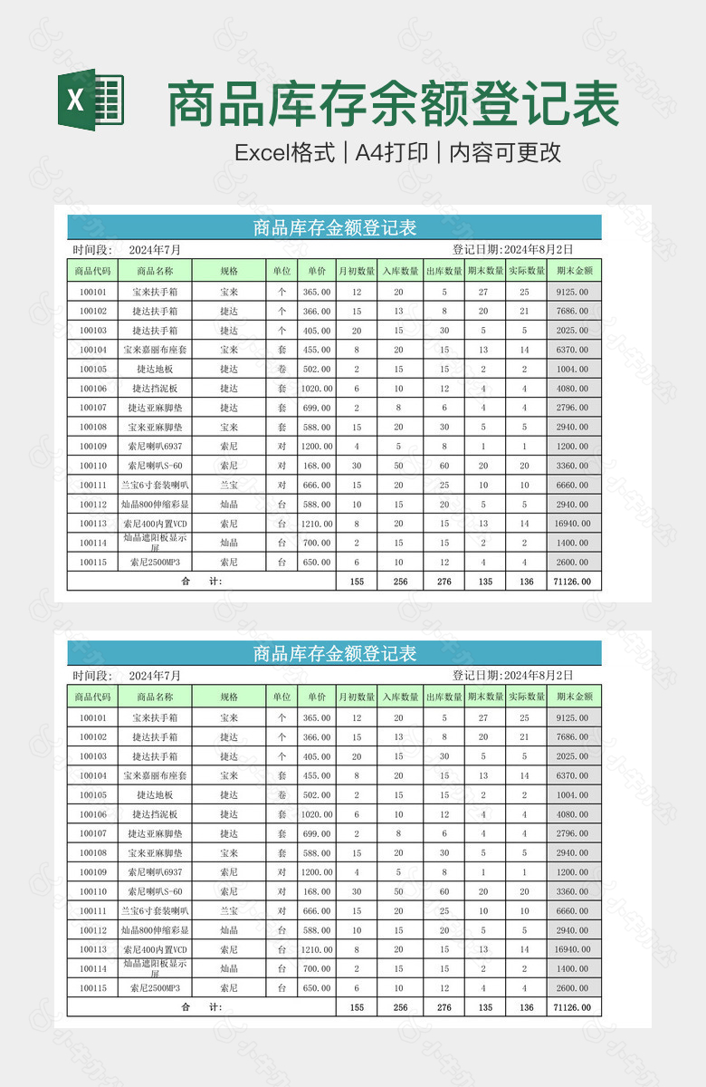 商品库存余额登记表