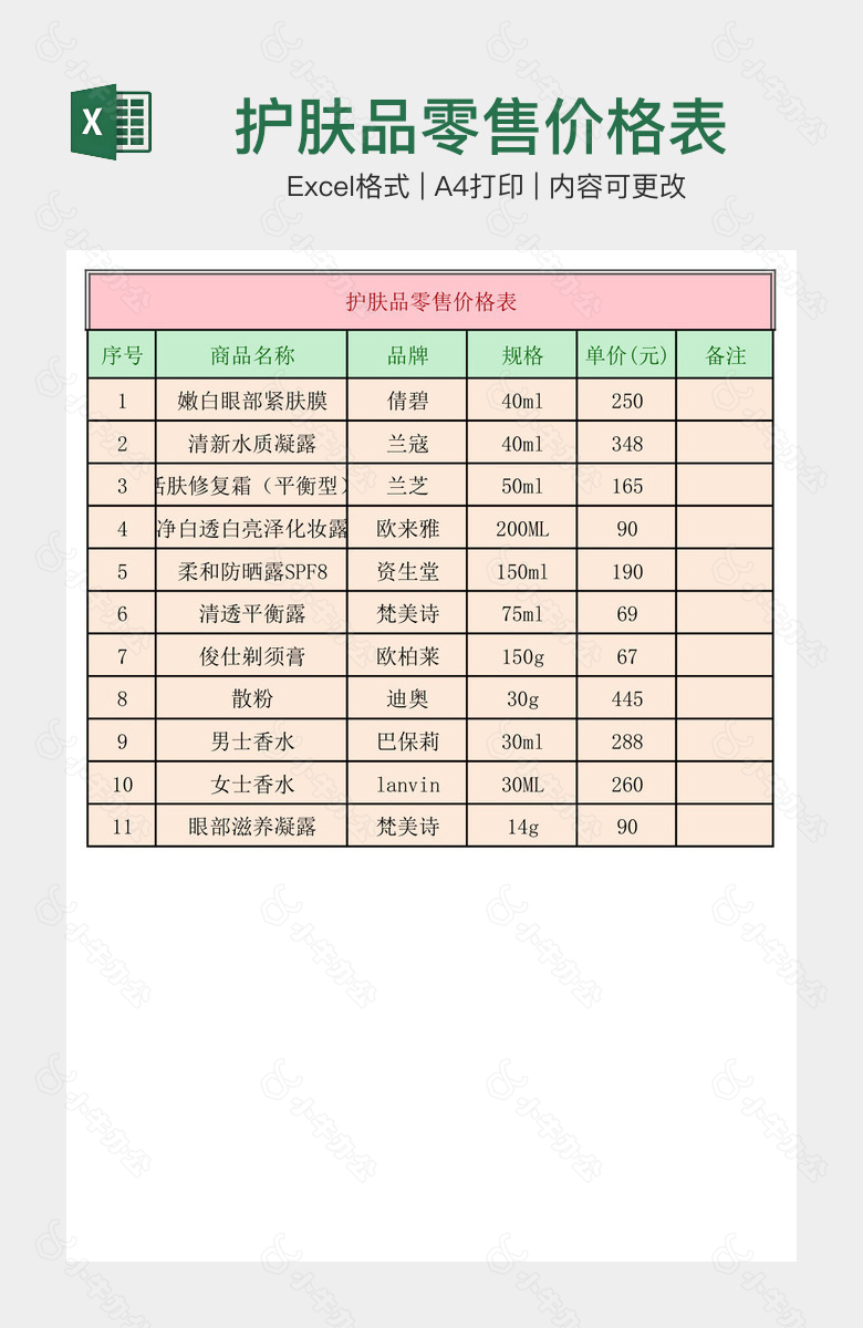 护肤品零售价格表