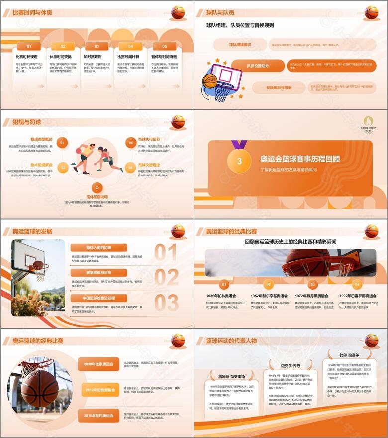 橙色3D风奥运会篮球项目知识科普PPT模板no.2