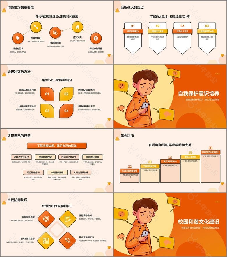 橙色手绘风防止校园欺凌PPT模板no.2