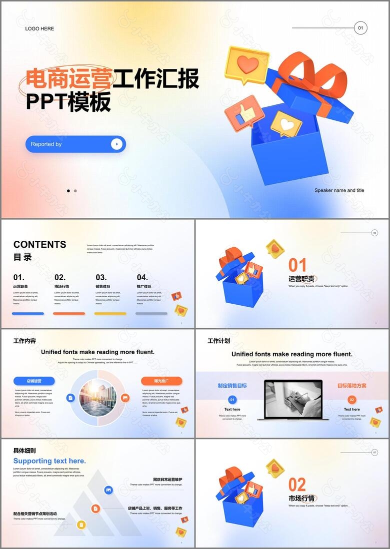 白色3D创意电商运营工作汇报PPT模板