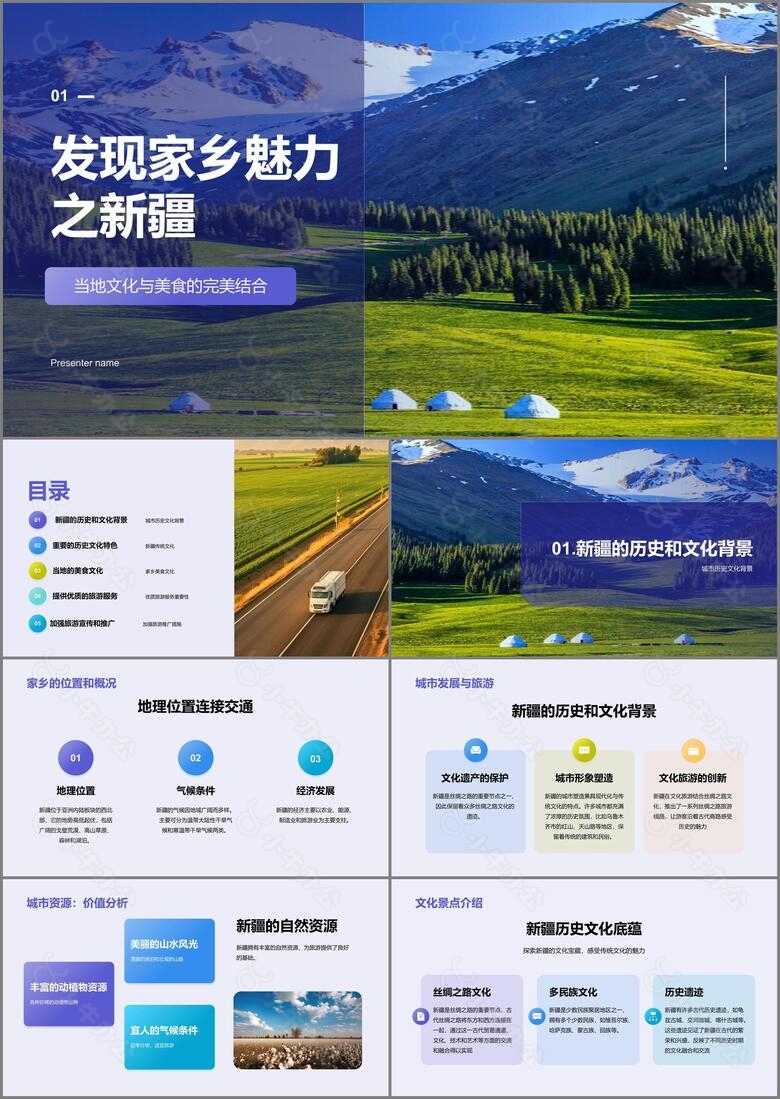 紫色现代商务新疆印象之旅PPT模板