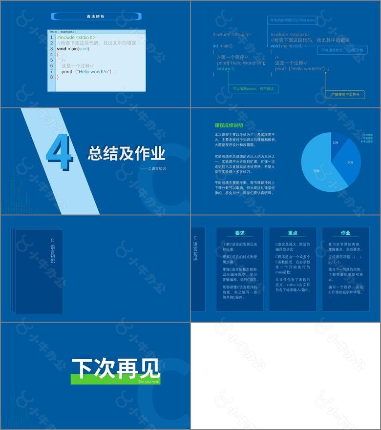 深色扁平C语言编程教学PPT模板no.4