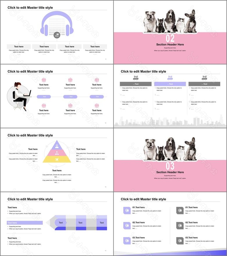 紫色创意几何风宠物动物通用主题PPT模板下载no.2