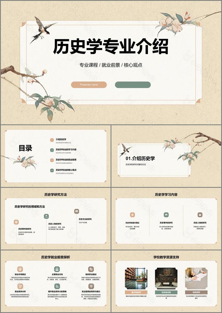 黄色雅致国风历史学专业介绍PPT模板