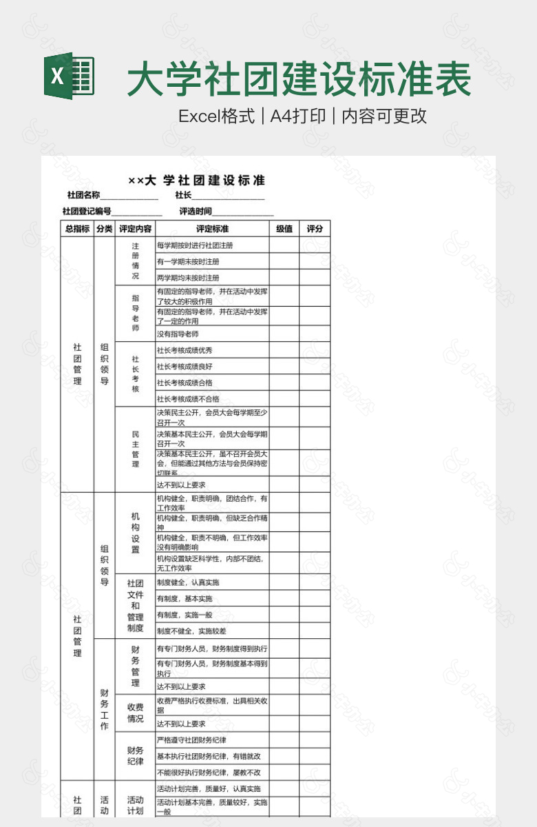 大学社团建设标准表