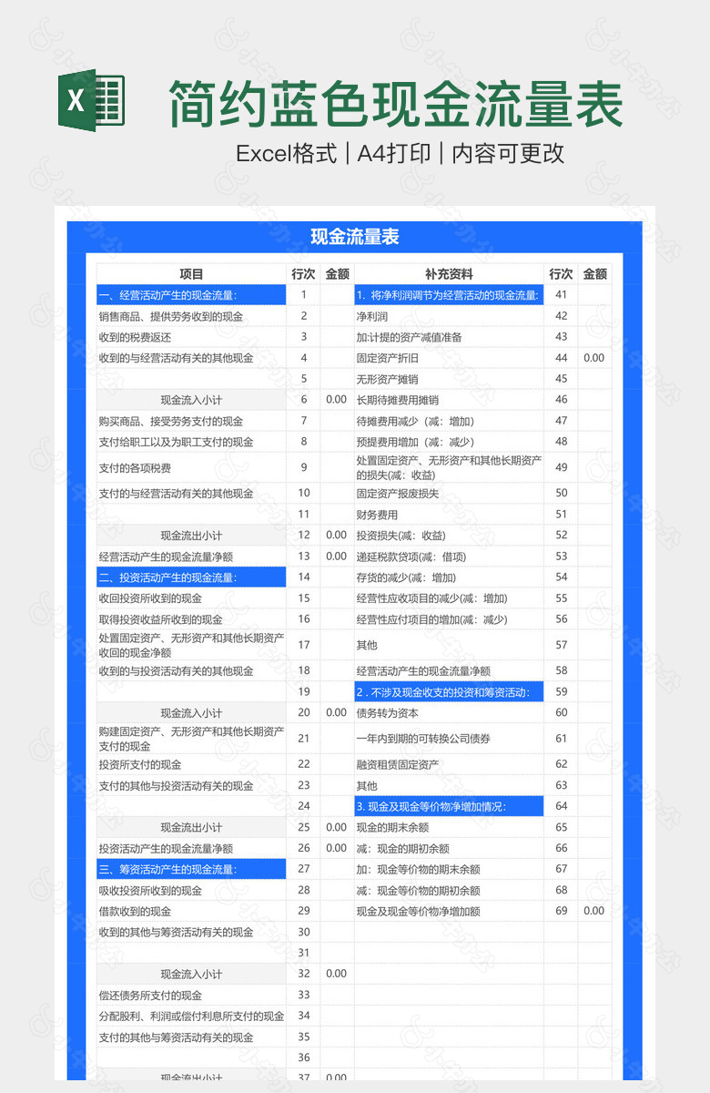 简约蓝色现金流量表