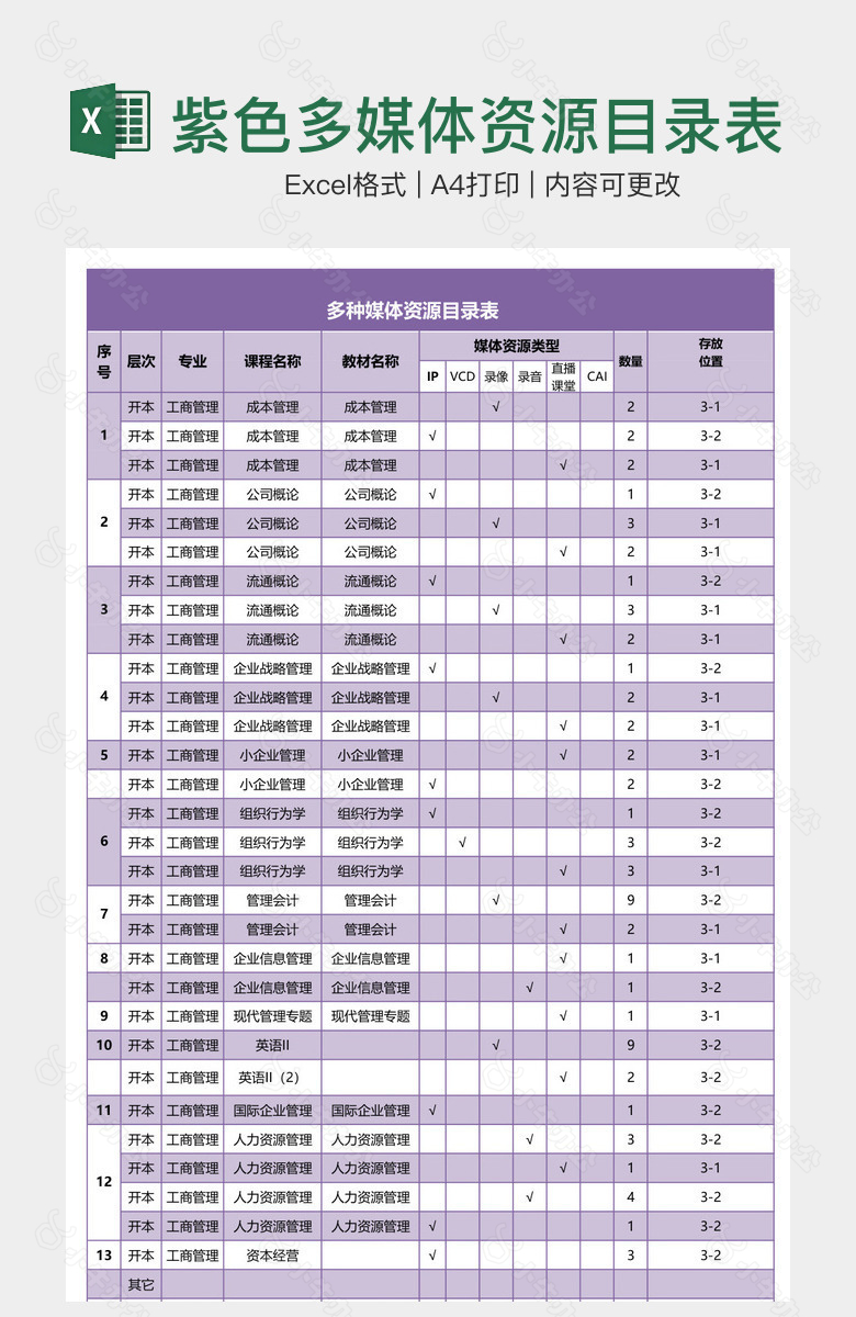 紫色多媒体资源目录表