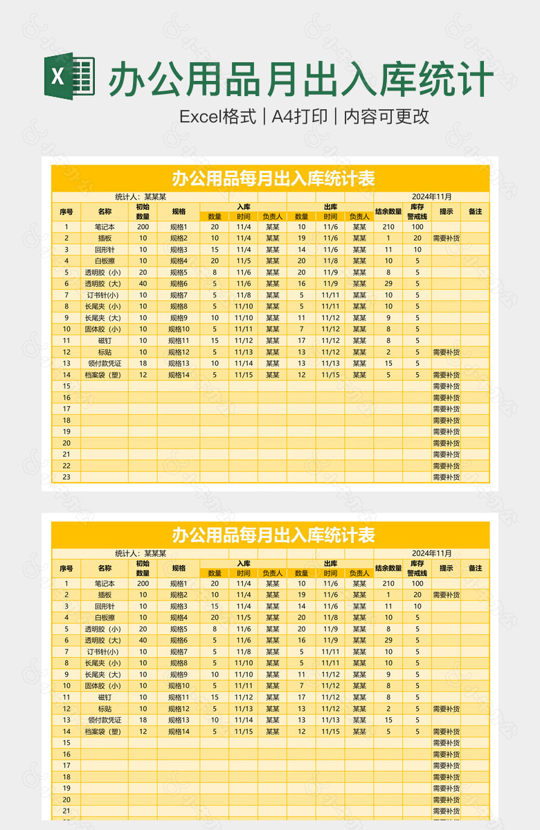 办公用品月出入库统计表