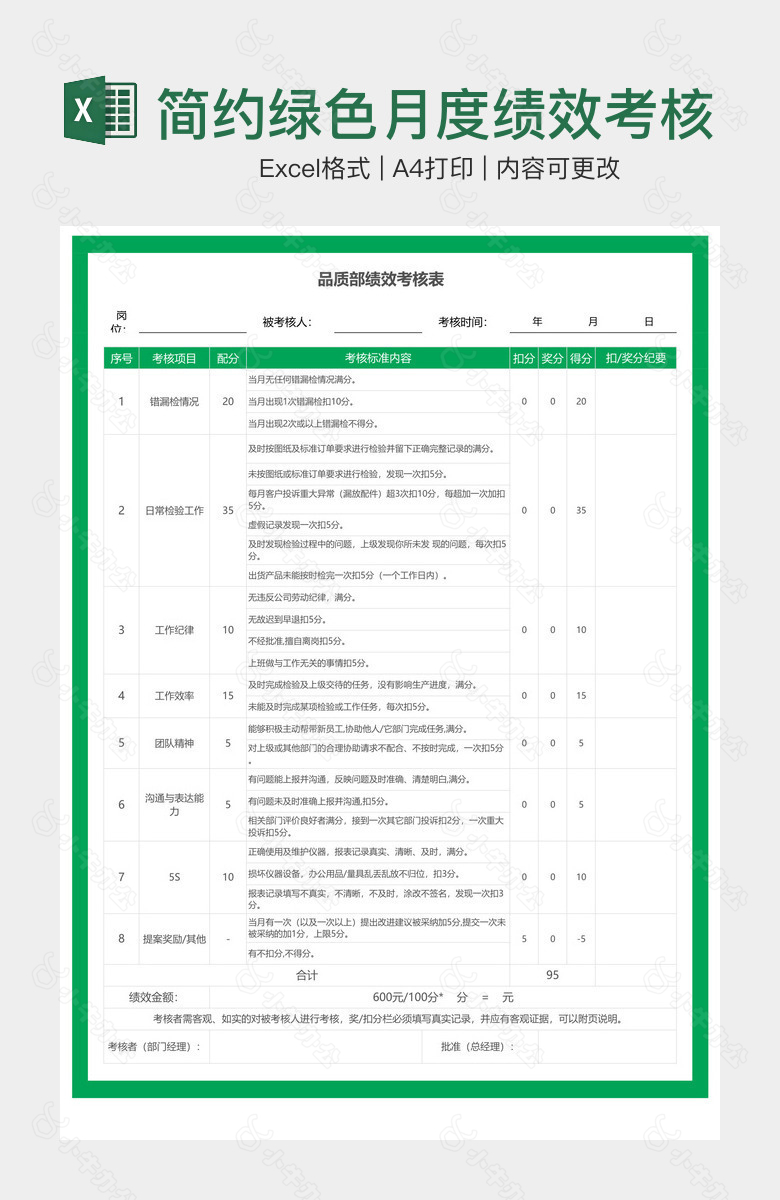 简约绿色月度绩效考核表