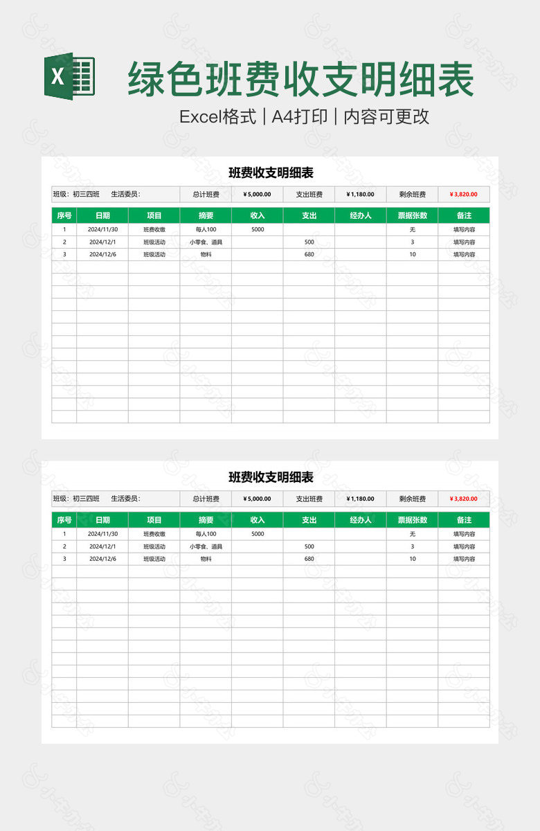 绿色班费收支明细表