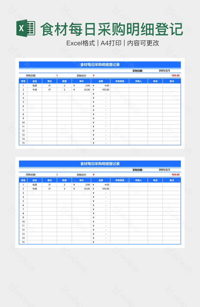 食材每日采购明细登记表