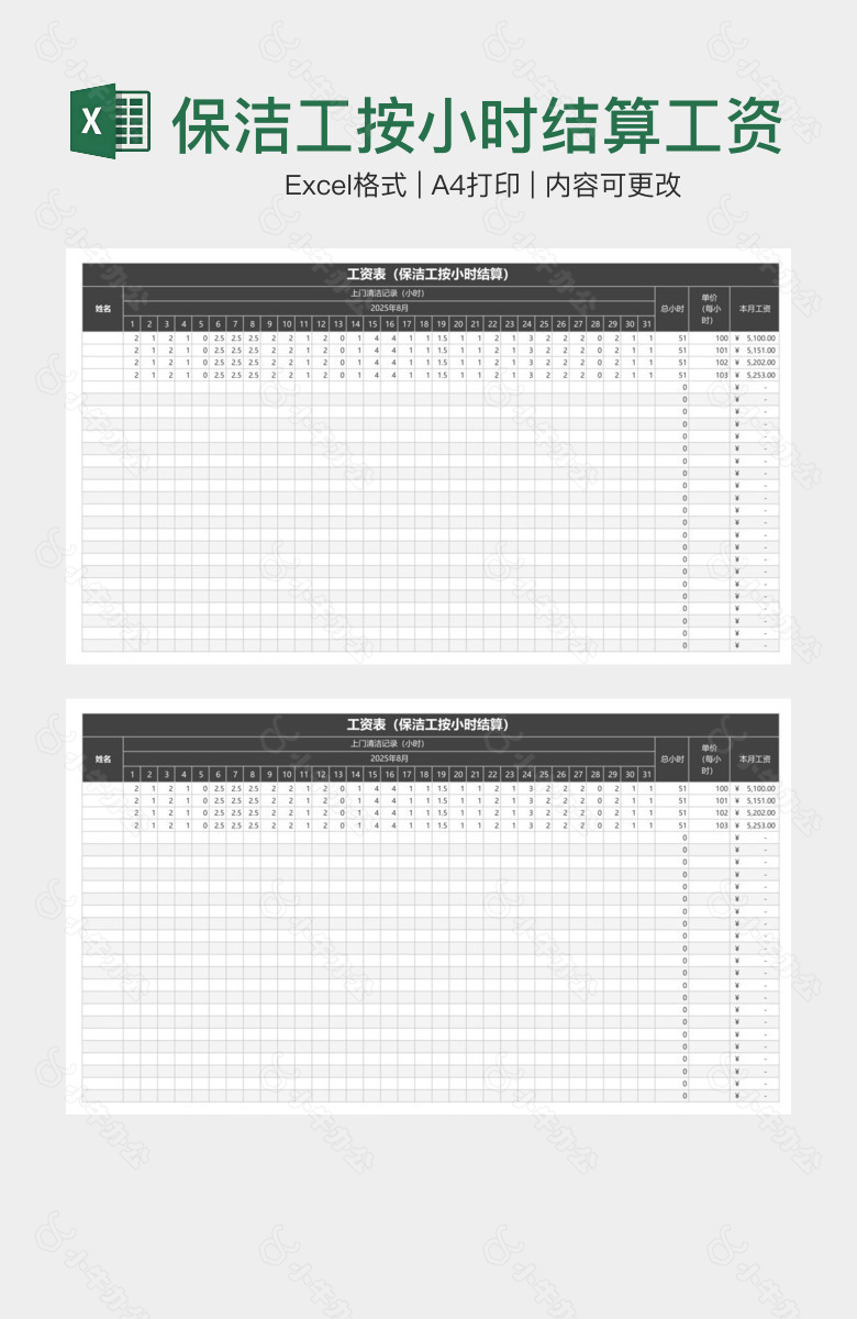 保洁工按小时结算工资表