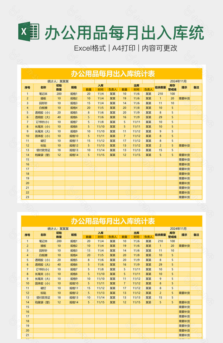 办公用品每月出入库统计表