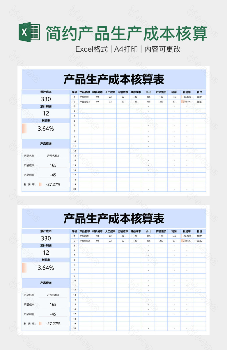 简约产品生产成本核算表