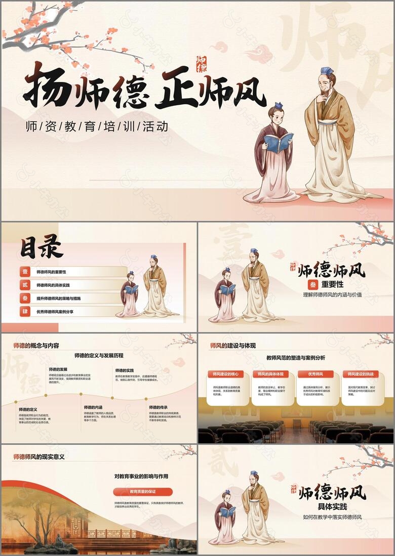 橙色复古风扬师德正师风PPT模板