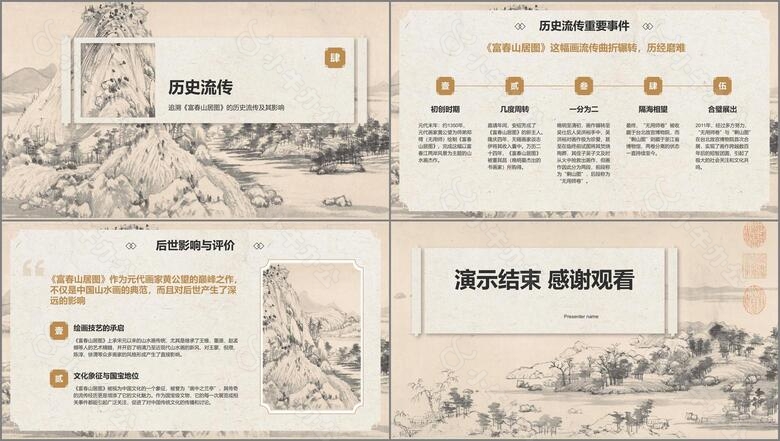 橙色复古风中国十大传世名画富春山居图PPT模板no.3