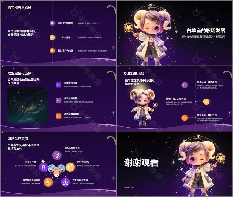 紫色3D风十二星座之白羊座性格介绍PPT模板no.3