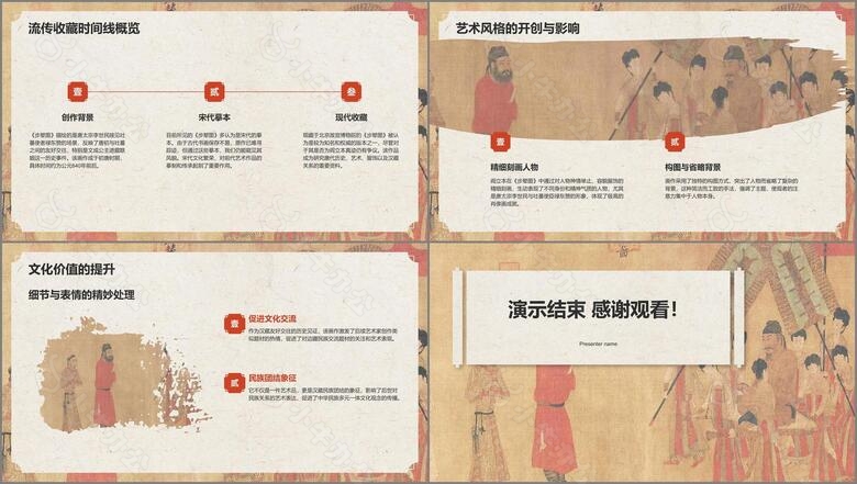 红色复古风中国十大传世名画步辇图PPT模板no.3