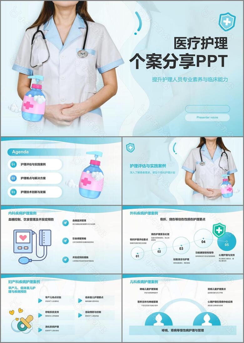 蓝色商务风护理个案分享PPT模板