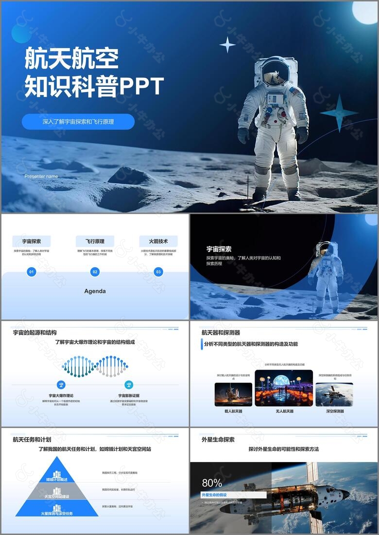 蓝色科技风航天航空知识科普PPT模板