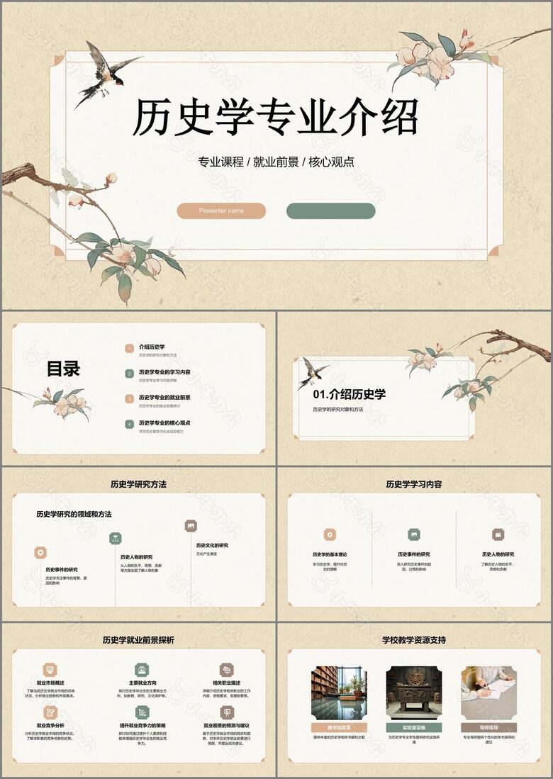 黄色雅致国风历史学专业介绍PPT模板