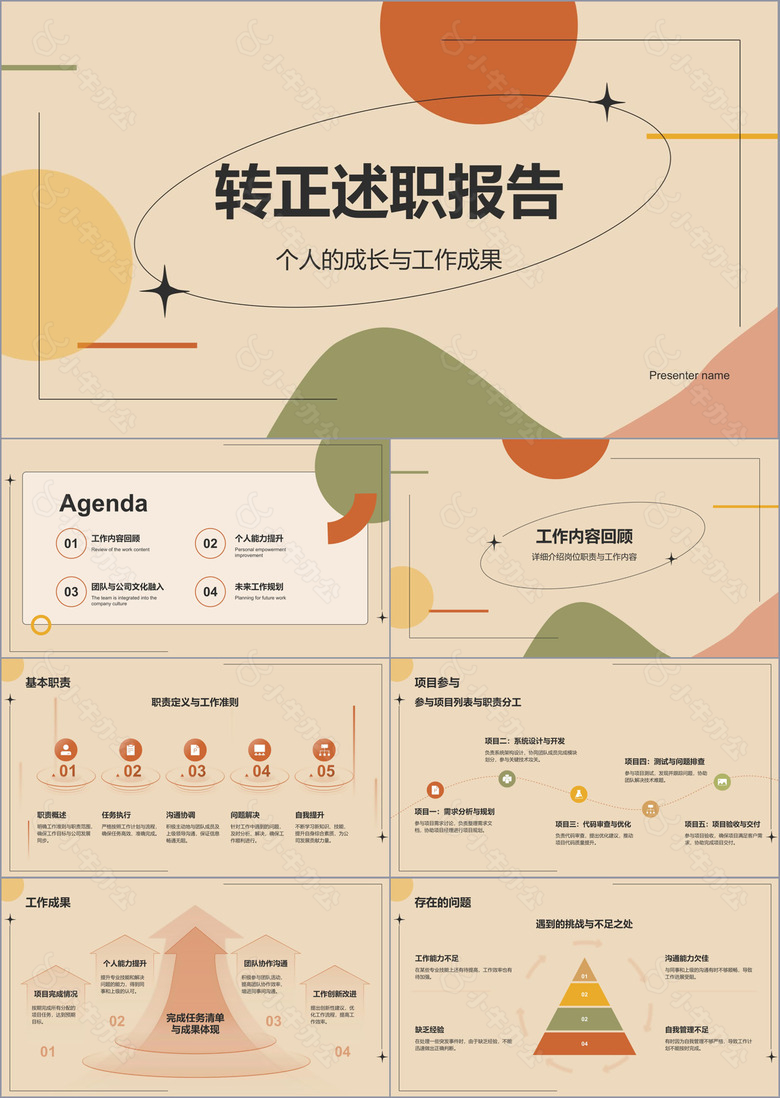 橙色几何风个人通用转正述职报告PPT模板