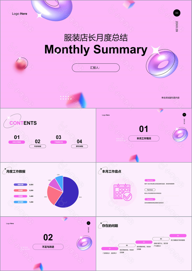 粉色服装店长月度总结PPT案例