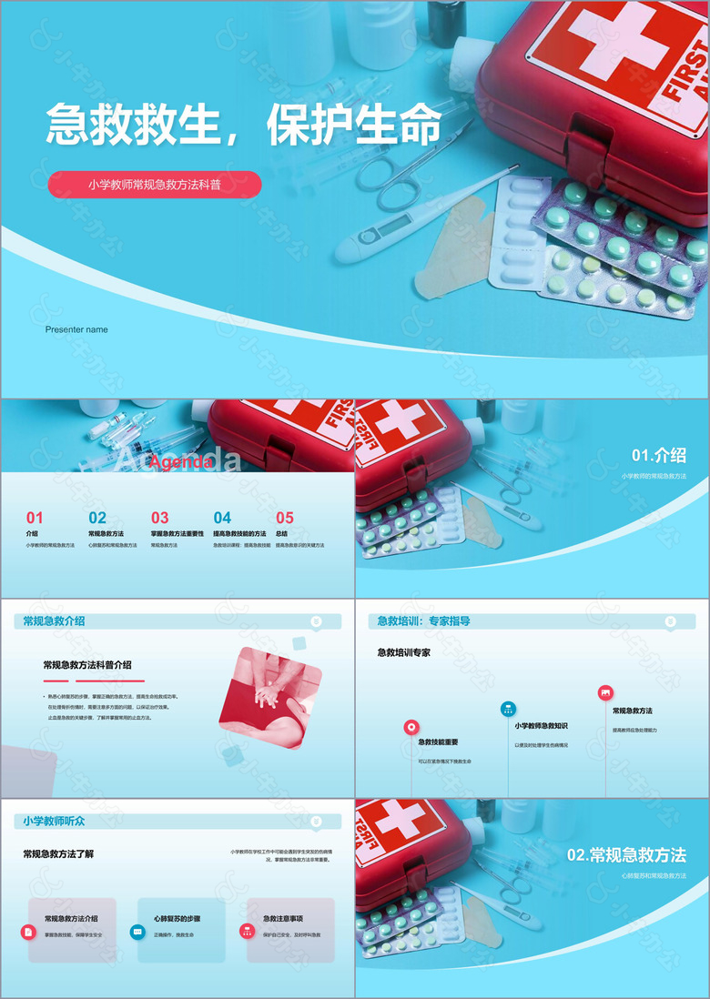 蓝色商务现代家庭急救常识培训课件PPT模板