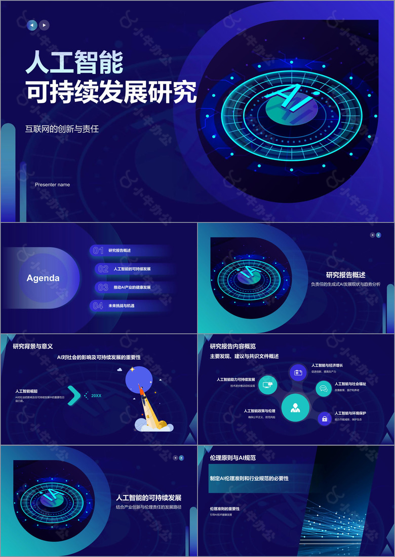 蓝色科技风人工智能与可持续发展目标PPT模板