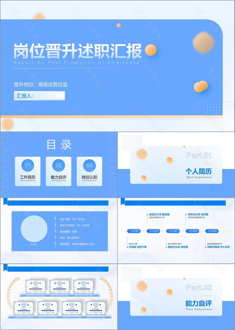 蓝橙色商务风岗位晋升述职汇报PPT模板