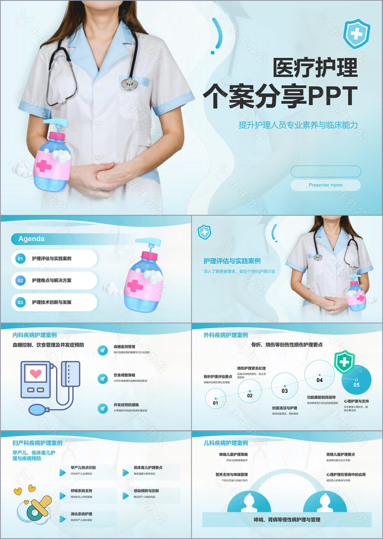 蓝色商务风护理个案分享PPT模板