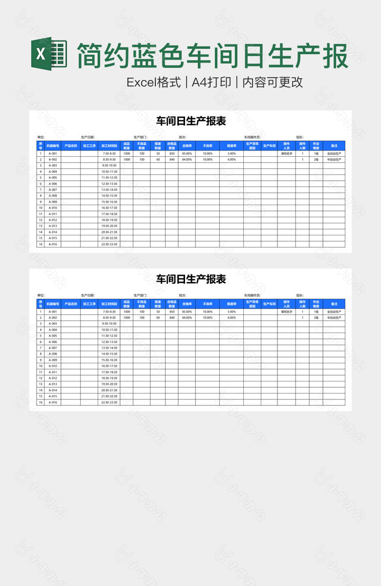 简约蓝色车间日生产报表