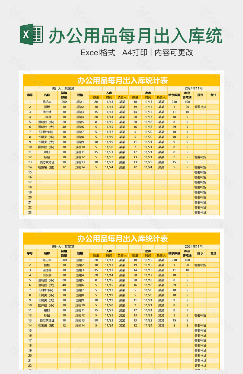 办公用品每月出入库统计表