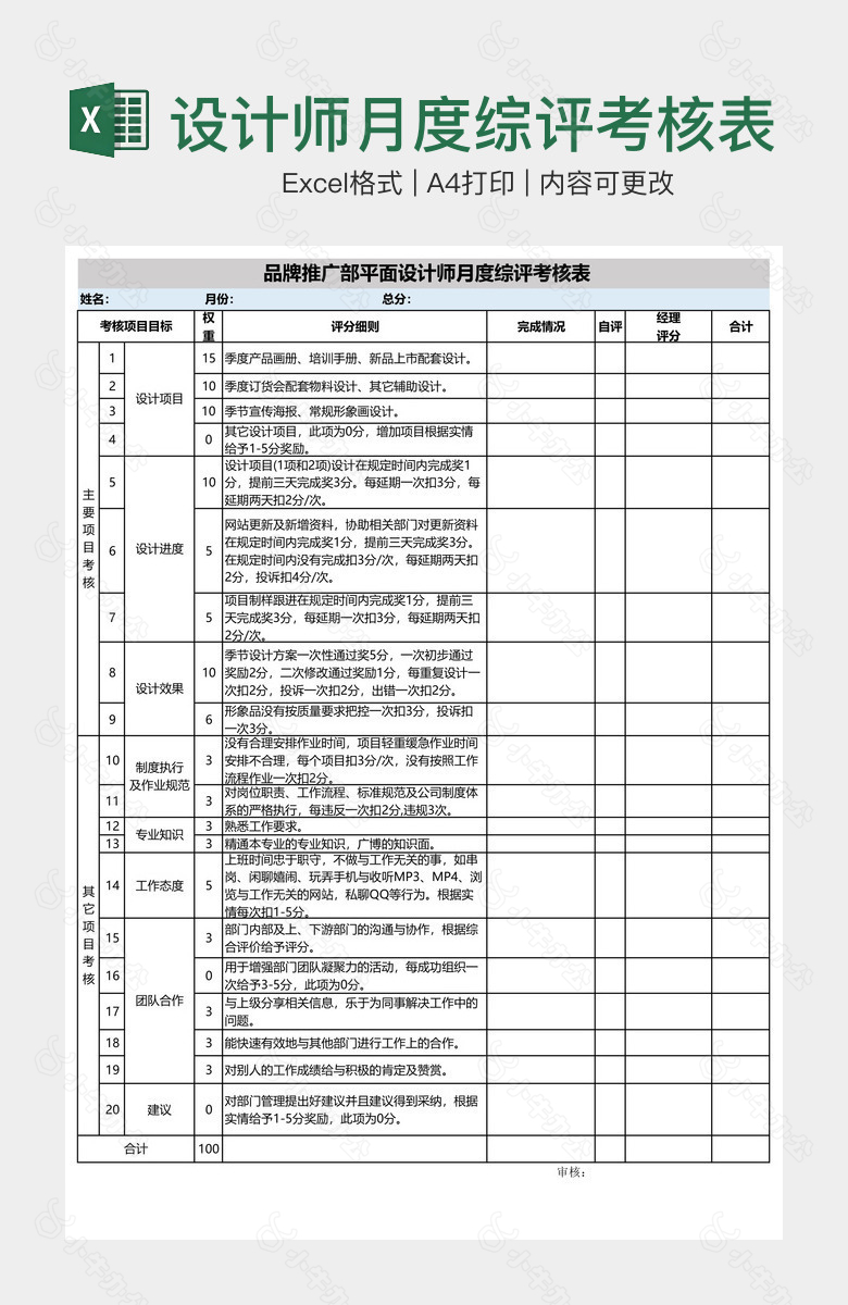 设计师月度综评考核表