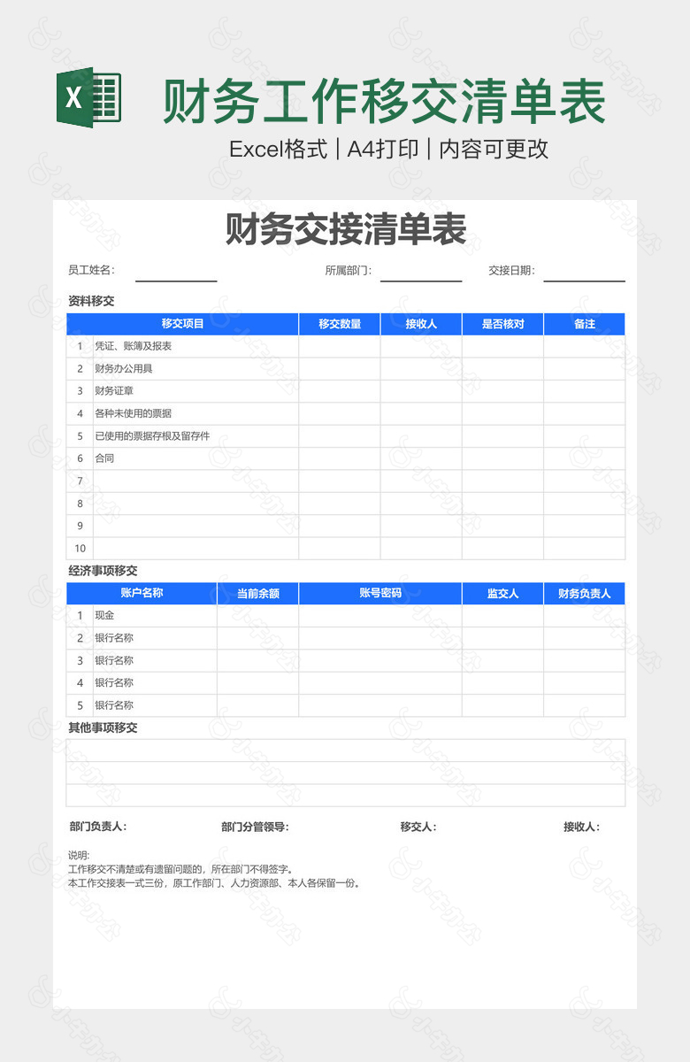 财务工作移交清单表