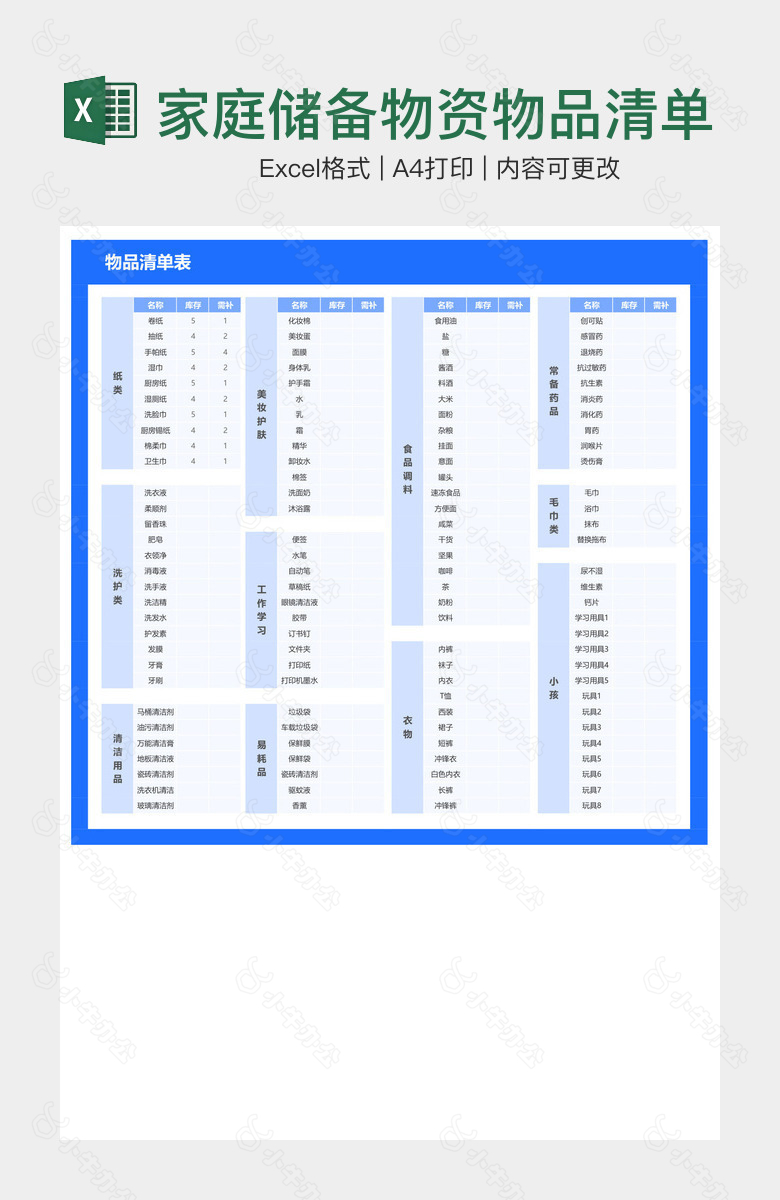 家庭储备物资物品清单表