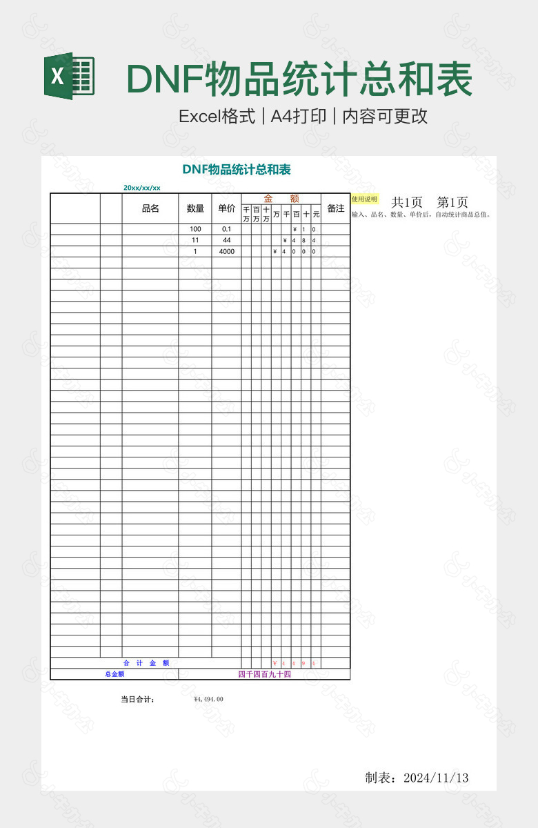 DNF物品统计总和表