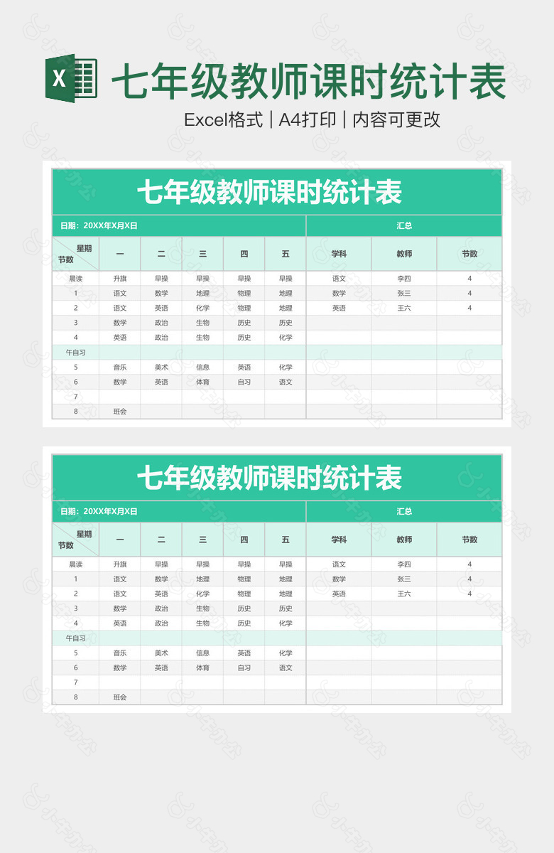 七年级教师课时统计表