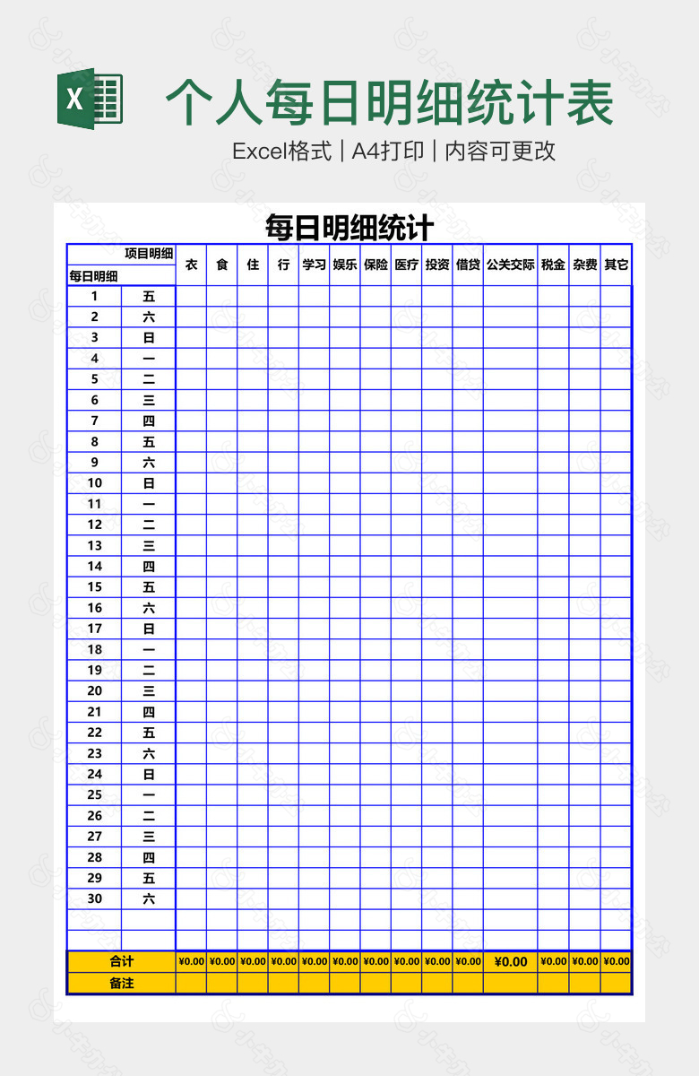 个人每日明细统计表