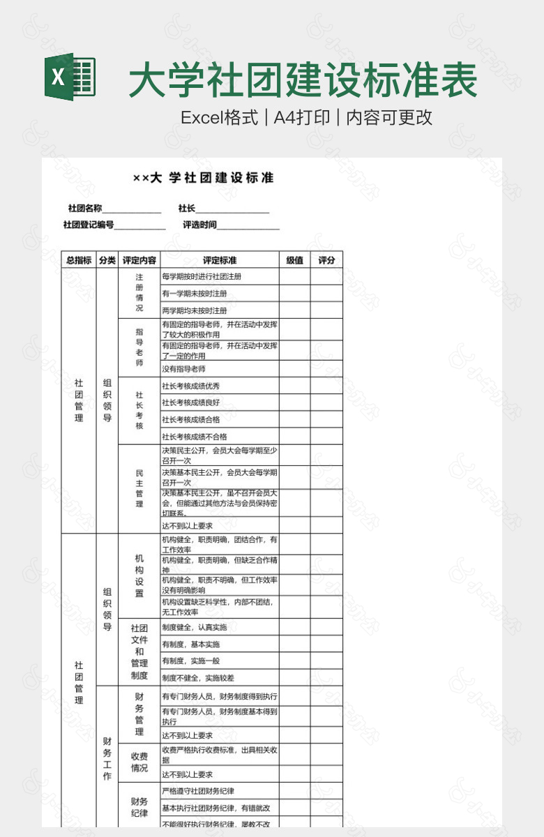 大学社团建设标准表