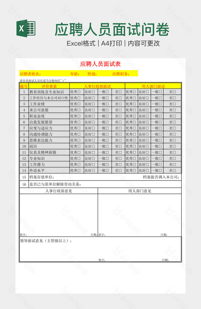 应聘人员面试问卷